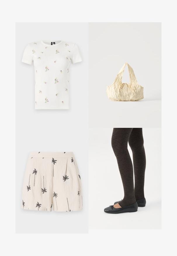 Camiseta blanca de algodón con mangas cortas, que presenta una textura acanalada y bordados florales dispersos en tonos rosas y verdes por toda la prenda.; Pantalones cortos de un beige claro con patrón de palmeras negras, que cuentan con pliegues en la parte frontal y una textura de tela suave y ligera.; Piernas con leggings oscuros acanalados combinados con bailarinas negras que presentan pequeños detalles de lazo sobre un fondo blanco.; Bolso de tela texturizada color crema con asas superiores y un pequeño detalle de lazo atado en el centro del frente.