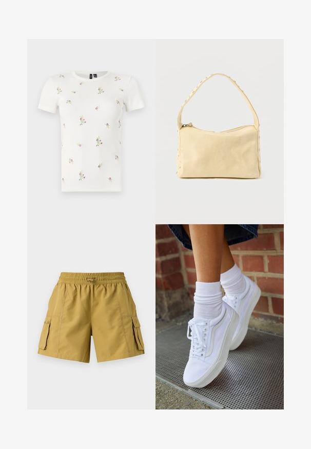 Hvid bomulds t-shirt med korte ærmer, med en ribbet tekstur og spredt blomsterbroderi i pink og grøn over hele.; Cargo shorts i khaki med elastisk talje, snøre og to sidelommer. Fremstillet af letvægtsstof med en glat overflade.; Hvide lærreds sneakers med gummisåler, der har seks snørehuller, rund tå og let sømdetaljer, krydret med hvide ankelstrømper.; Lille beige læderhåndtaske med en enkelt rem og sølvnitter langs kanterne og remmen, sat mod en ensfarvet baggrund.