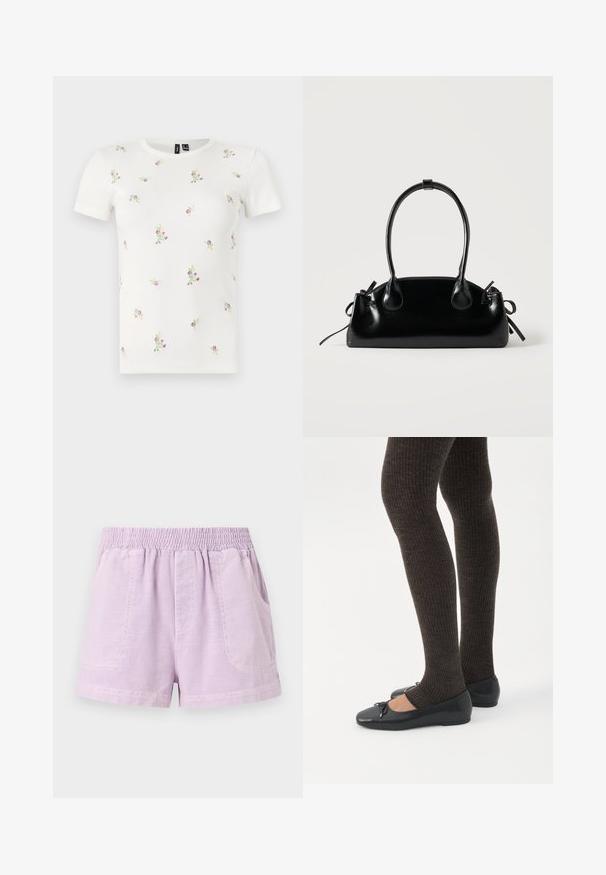 T-shirt en coton blanc à manches courtes, présentant une texture côtelée et une broderie florale dispersée en rose et vert sur l'ensemble.; Shorts lilas en tissu léger avec une taille élastique, dotés de deux poches avant et d'une coupe décontractée.; Jambes portant des leggings côtelés foncés associés à des ballerines noires avec de petits détails en nœud sur fond blanc.; Petit sac à main noir brillant avec deux longues anses et des détails à cordon sur les côtés sur un fond clair uni.