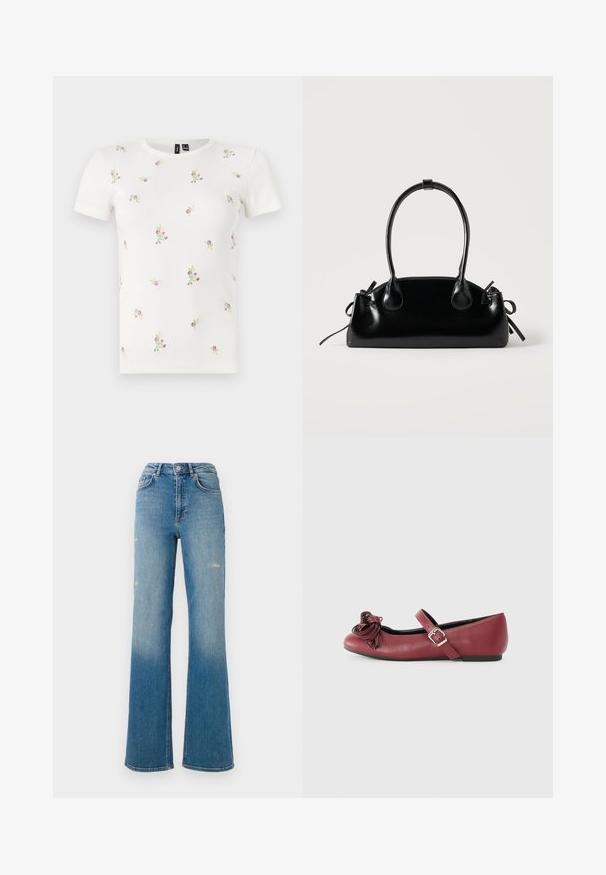 Camiseta blanca de algodón con mangas cortas, que presenta una textura acanalada y bordados florales dispersos en tonos rosas y verdes por toda la prenda.; Jeans de mezclilla azul de talle alto con leve desgastes en los muslos, estilo de cinco bolsillos y diseño de pierna acampanada.; Bailarinas de cuero burdeos con punta redonda, correa para el tobillo y un detalle decorativo de borlas en la parte frontal. Suela plana y diseño sencillo.; Pequeño bolso negro brillante con dos asas largas y detalles de cordón lateral sobre un fondo claro liso.