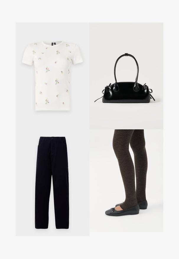 T-shirt en coton blanc à manches courtes, présentant une texture côtelée et une broderie florale dispersée en rose et vert sur l'ensemble.; Pantalons en velours côtelé bleu marine foncé à jambe droite, avec poches avant et fermeture à bouton à la taille.; Jambes portant des leggings côtelés foncés associés à des ballerines noires avec de petits détails en nœud sur fond blanc.; Petit sac à main noir brillant avec deux longues anses et des détails à cordon sur les côtés sur un fond clair uni.