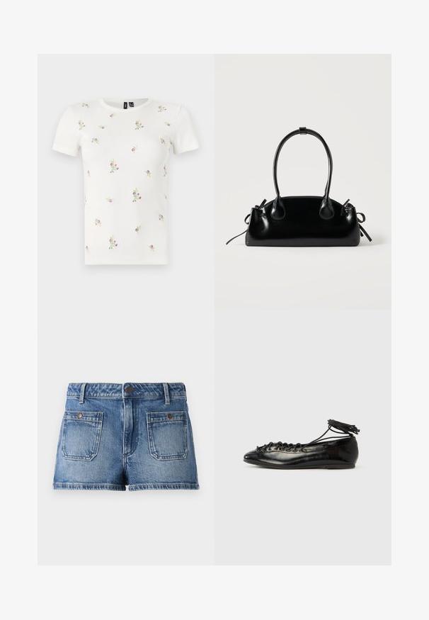 Camiseta blanca de algodón con mangas cortas, que presenta una textura acanalada y bordados florales dispersos en tonos rosas y verdes por toda la prenda.; Pantalones cortos de mezclilla en azul claro con un acabado desvaído, diseño de cinco bolsillos, dos bolsillos frontales, dos bolsillos traseros y una cintura con botón.; Zapatos planos tipo ballet de charol negro con punta redondeada, diseño con cordones y suela plana. Textura lisa con detalles mínimos.; Pequeño bolso negro brillante con dos asas largas y detalles de cordón lateral sobre un fondo claro liso.