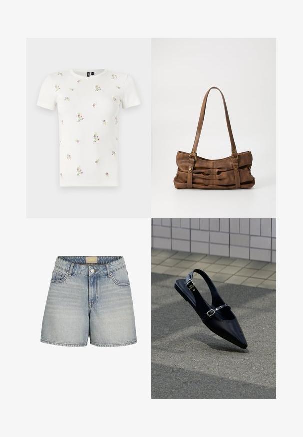 Weißes Baumwoll-T-Shirt mit kurzen Ärmeln, das eine gerippte Textur und verstreute florale Stickereien in Rosa und Grün aufweist.; Helle blaue Denim-Shorts mit hoher Taille, ausgestattet mit einem Knopfverschluss, fünf Taschen und subtilen Ausbleichungen für einen texturierten Look.; Schwarzer Slingback-Flachschuh mit spitz zulaufender Spitze und doppelten Schnallenriemen, ruhend auf grauem Asphalt nahe einer gefliesten Wand.; Even&Odd Handtasche - brown