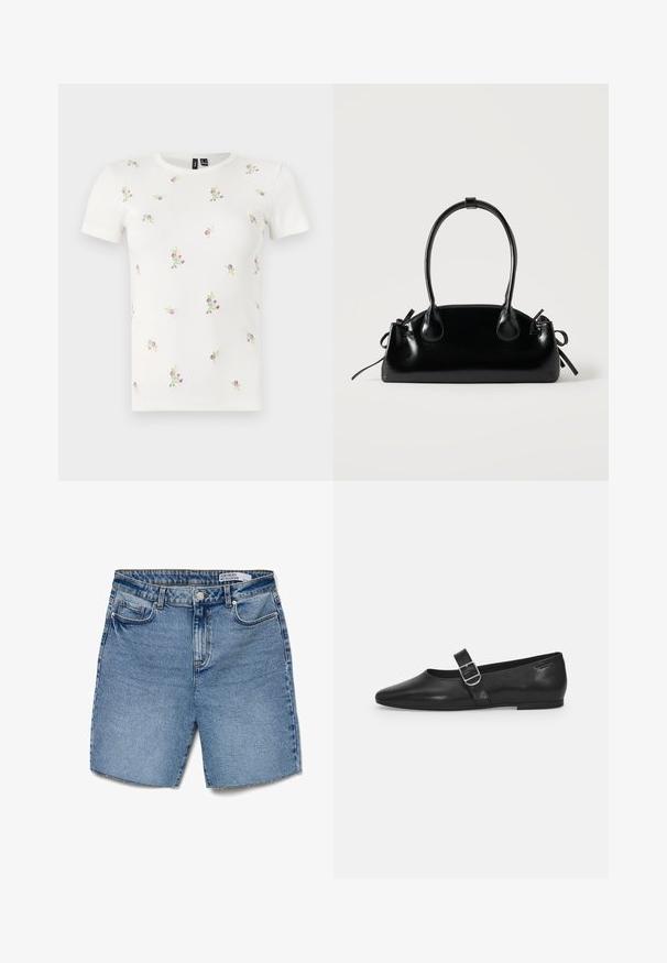 Hvid bomulds t-shirt med korte ærmer, med en ribbet tekstur og spredt blomsterbroderi i pink og grøn over hele.; Lyseblå denimshorts med høj talje, fem lommer og lige pasform. Har en knaplukning og minimal slidning ved kanten.; Sorte læder flade sko med rund tå, et enkelt justerbart spænde og en glat, blank overflade. Minimalistisk design med en lav hæl.; Lille sort blank håndtaske med to lange håndtag og snøre-detaljer i siden på en ensfarvet lys baggrund.