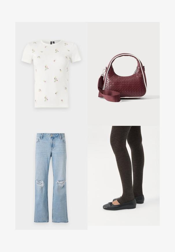 Hvid bomulds t-shirt med korte ærmer, med en ribbet tekstur og spredt blomsterbroderi i pink og grøn over hele.; Lysblå denimjeans med lige ben-design, der har to knærevner, en metalknaplukning og fem lommer.; Ben iført mørke ribbede leggings kombineret med sorte balletsko med små sløjfedetaljer på hvid baggrund.; Mørkerød vævet lædertaske med buet hank, hvid kant, sølv lynlås og aftagelig bred stofskulderrem mod en ensfarvet baggrund.