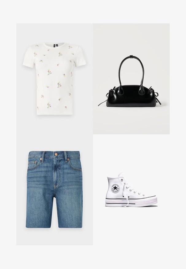 Hvid bomulds t-shirt med korte ærmer, med en ribbet tekstur og spredt blomsterbroderi i pink og grøn over hele.; Denim shorts i lyseblå med klassisk skæring, fem lommer og kobberaccent for kontrast. Tekstureret, mellemvægtigt stof.; Hvid Converse Chuck Taylor All Star højt snøresko med sorte striber og logoemblem på siden, vist mod en ensfarvet hvid baggrund.; Lille sort blank håndtaske med to lange håndtag og snøre-detaljer i siden på en ensfarvet lys baggrund.