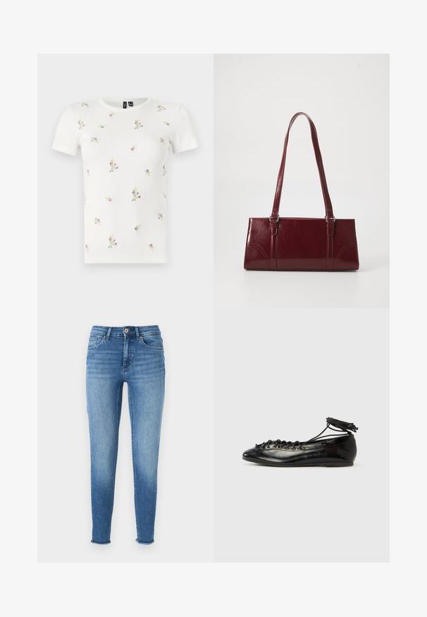 Valge puuvillane T-särk lühikeste varrukatega, millel on sooniline tekstuur ja laiali trükitud roosa ja rohelise lillemustriga tikand.; Sv light blue skinny jeans, millel on tuhmused ja udune pesu, valmistatud denimist. Omab nelja taskut, vööloopse ja narmendavaid ääri pahkluude juures.; Mustad lakknahast baleriinakingad ümarate varvastega, paelaga kinnitatavad ja madala tallaga. Sile tekstuur, vähese kujundusega.; Burgundia värvi käekott, mis on valmistatud läikivast materjalist, ristküliku kujuline, kahe õlapaelaga ning ees on peened kaarjad aktsendid.