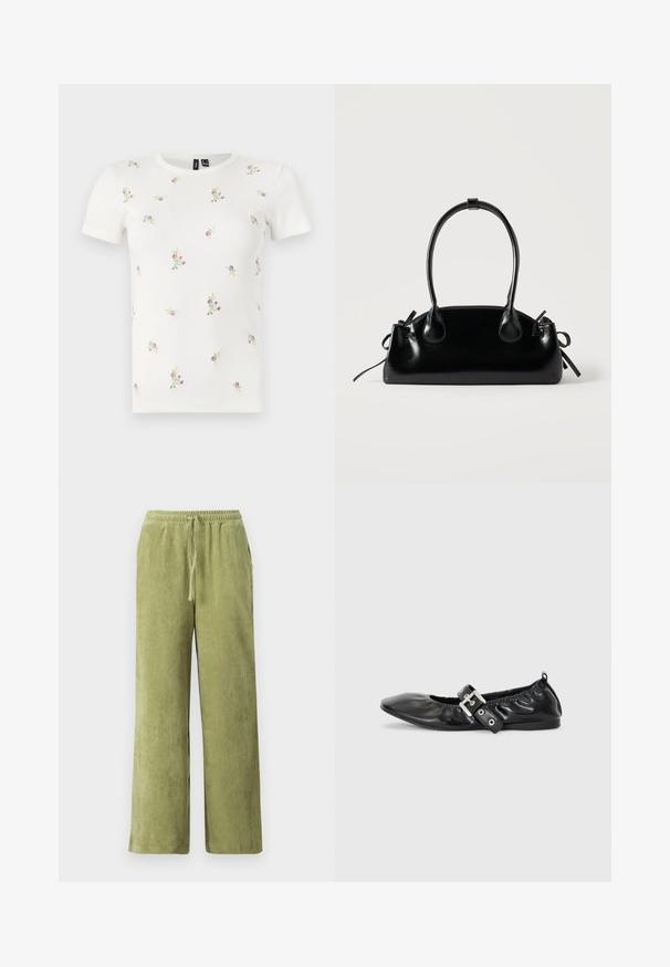 Camiseta blanca de algodón con mangas cortas, que presenta una textura acanalada y bordados florales dispersos en tonos rosas y verdes por toda la prenda.; Pantalones de pana verde con un diseño de pierna ancha, cinturilla elástica y detalle de cordón. Las líneas verticales en la tela crean textura.; Zapato plano de piel negra con puntera afilada, detalle fruncido alrededor de la abertura y un acento de hebilla plateada en la correa ajustable.; Pequeño bolso negro brillante con dos asas largas y detalles de cordón lateral sobre un fondo claro liso.