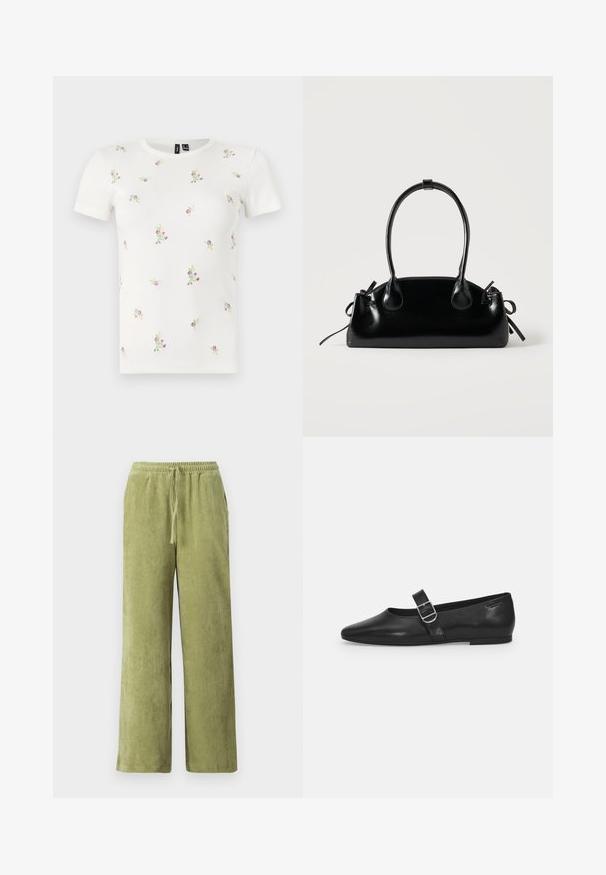 Camiseta blanca de algodón con mangas cortas, que presenta una textura acanalada y bordados florales dispersos en tonos rosas y verdes por toda la prenda.; Pantalones de pana verde con un diseño de pierna ancha, cinturilla elástica y detalle de cordón. Las líneas verticales en la tela crean textura.; Zapato plano de cuero negro con punta redondeada, una sola correa ajustable con hebilla y una textura suave y brillante. Diseño minimalista con un tacón bajo.; Pequeño bolso negro brillante con dos asas largas y detalles de cordón lateral sobre un fondo claro liso.