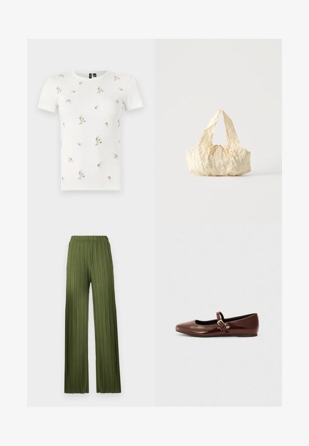 T-shirt en coton blanc à manches courtes, présentant une texture côtelée et une broderie florale dispersée en rose et vert sur l'ensemble.; Pantalons large plissés verts avec une taille élastique. Le tissu texturé présente des rayures verticales pour une apparence fluide.; Ballerine en cuir verni marron avec un bout carré et une lanière ornée d'une petite boucle dorée. Texture lisse, talon bas et design minimaliste.; Sac à main en tissu texturé couleur crème avec des anses sur le dessus et un petit nœud noué au centre devant.