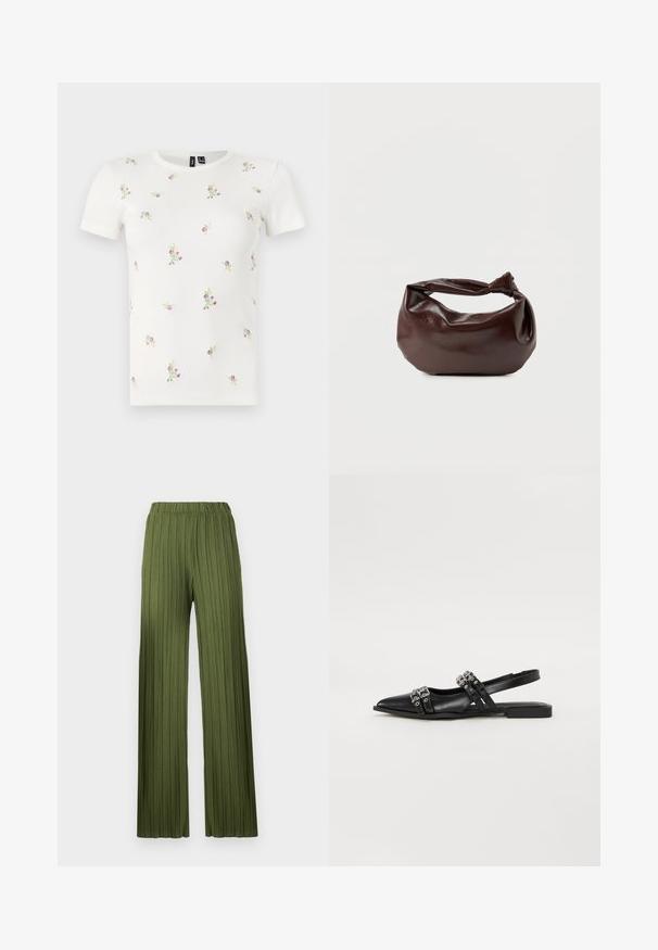 Camiseta blanca de algodón con mangas cortas, que presenta una textura acanalada y bordados florales dispersos en tonos rosas y verdes por toda la prenda.; Pantalones anchos plisados verdes con cintura elástica. La tela texturizada presenta rayas verticales que crean una apariencia fluida.; Even&Odd by Zalando Bailarinas con tira trasera - black; Bolso de hombro de cuero marrón oscuro con una forma suave y caída, y un asa con nudo torcido sobre un fondo blanco liso.