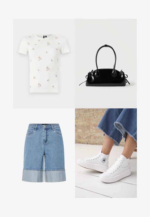 Hvid bomulds t-shirt med korte ærmer, med en ribbet tekstur og spredt blomsterbroderi i pink og grøn over hele.; Lysblå denimshorts med oprullet kant, der har knaplukning, bæltestropper og to frontlommer. Glat tekstur og afslappet design.; Person iført hvide høje Converse-sneakers med tykke såler og beskårne blå jeans med flossede kanter mod en murstensvæg og hvidt gulv.; Lille sort blank håndtaske med to lange håndtag og snøre-detaljer i siden på en ensfarvet lys baggrund.