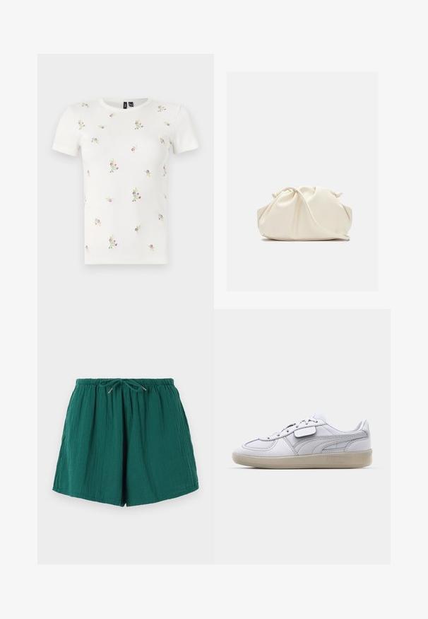 T-shirt en coton blanc à manches courtes, présentant une texture côtelée et une broderie florale dispersée en rose et vert sur l'ensemble.; Shorts verts, légers, avec une taille élastique et un cordon de serrage. Présente un tissu texturé avec une apparence douce et froissée.; Baskets blanches en cuir avec des accents gris, fermeture à lacets et semelle en caoutchouc texturée. Présente un logo bien en vue sur le côté.; Pochette en cuir souple couleur crème avec un design froncé et une fine bandoulière reposant à l’avant sur un fond uni.