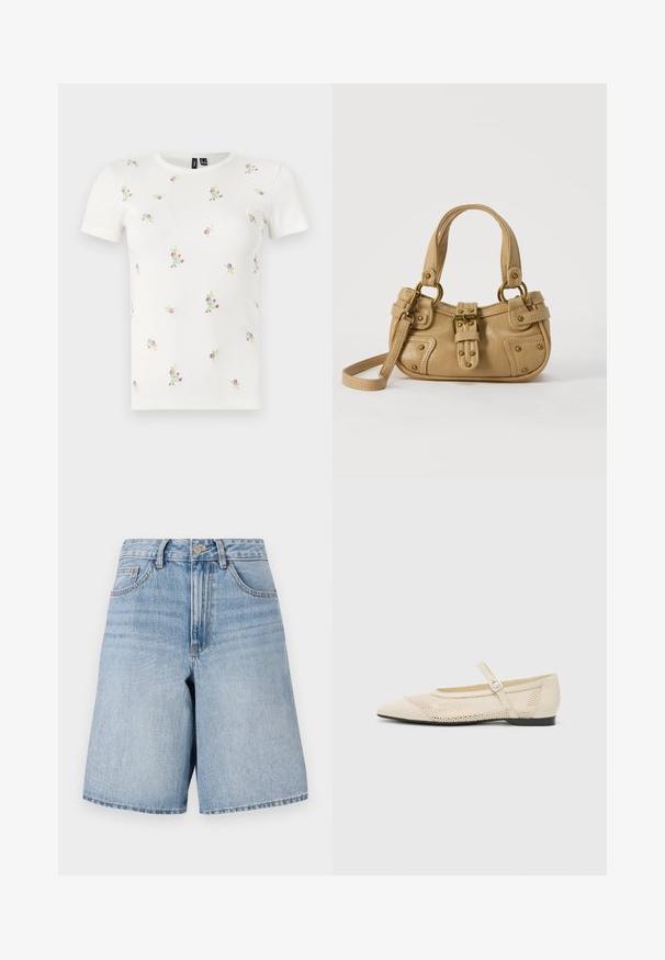 Hvid bomulds t-shirt med korte ærmer, med en ribbet tekstur og spredt blomsterbroderi i pink og grøn over hele.; Sandyblå denimshorts med høj talje, vide ben og forlommer. Har en øverste knap og lynlåslukning. Slidt look.; Beige balletflader med spids tå, mesh design overlay og en side spænde. Flad sål med en glat tekstur.; Beige læderhåndtaske med dobbelte håndtag, messing spænde og nitte detaljer samt en justerbar skulderrem mod en hvid baggrund.