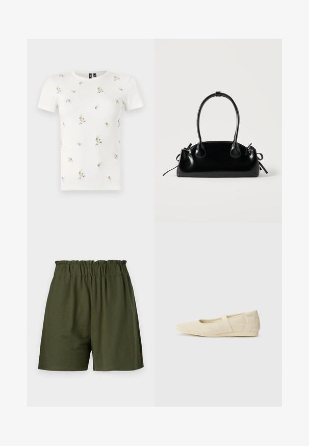 Witte katoenen T-shirt met korte mouwen, voorzien van een geribbelde textuur en verspreide bloemrijke borduursels in roze en groen.; Donkergroene shorts met een elastische tailleband, relaxed fit en zonder zakken. Gemaakt van zachte, lichte stof.; Beige ballerina's met een gladde leren buitenkant, amandelvormige punt en elastische band over de wreef, met subtiele stiksels.; Kleine zwarte glanzende handtas met twee lange hengsels en zijkant trekkoord details op een effen lichte achtergrond.