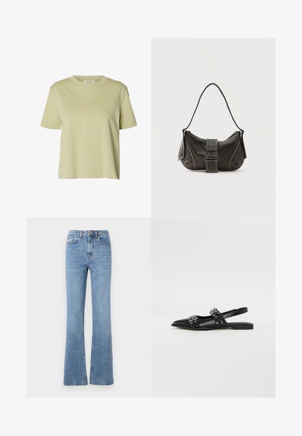Enkelt lysegrønt kortærmet bomuldst-shirt med rund halsudskæring og lige kant.; Lys blå denimjeans med en flared benedesign, høj talje og minimal hardware. Har klassisk fem-lomme stil og diskret syning.; Even&Odd Slingback-ballerinasko - black; Sort læder skuldertaske med spænde på remmen, afrundede kanter og kontrasterende hvide syninger på en ensfarvet baggrund.