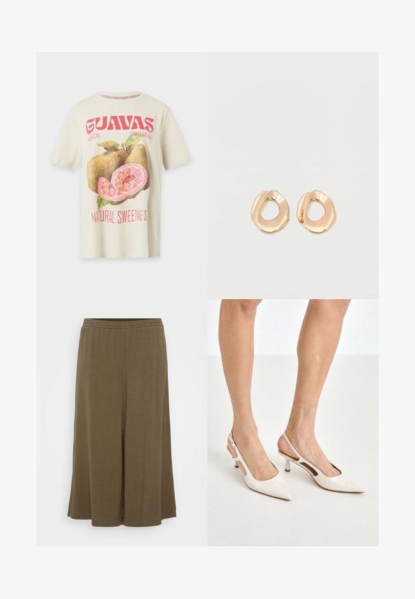 Kurzärmliges Shirt in cremefarben mit großem pinkfarbenem Guavenfrucht-Design und rotem Text „GUAVAS“ und „Natural Sweetness“.; Olivegrüne weit geschnittene Hose aus leichtem Stoff. Mit einem elastischen Bund und einem lockeren Schnitt, der eine glatte, fließende Textur aufweist.; Beige Lackleder Slingback-Absätze mit spitzem Fuß und 5 cm Absatz, mit ausgeschnittenen Seiten und einem schmalen Knöchelriemen.; Paar unregelmäßig geformter, polierter Creolen aus goldfarbenem Metall mit offenem Zentrum auf weißem Hintergrund.