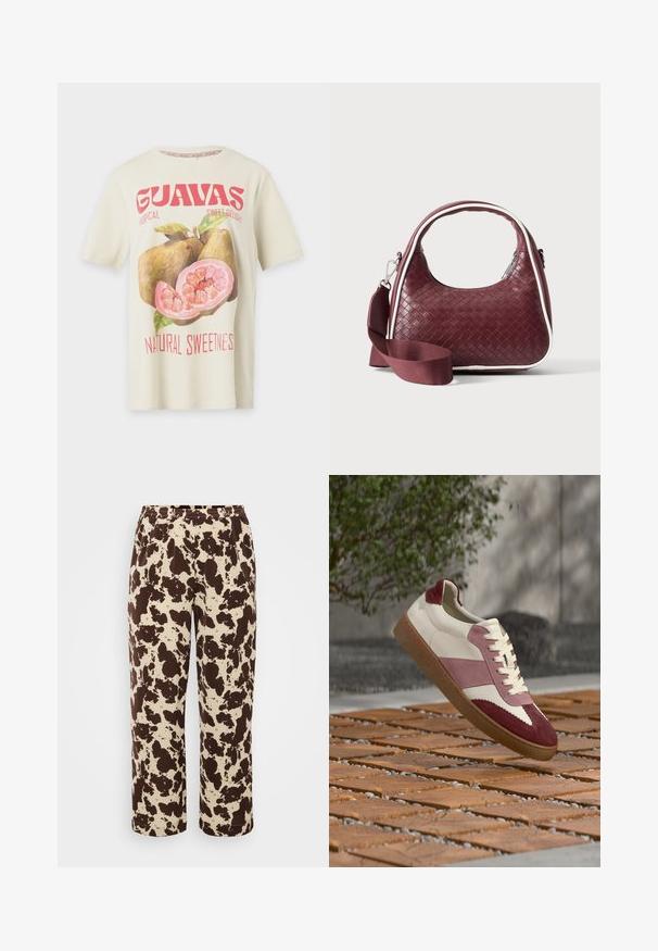 Kremfarvet kortærmet skjorte med stort pink guava-frugt grafik og rød tekst med "GUAVAS" og "Natural Sweetness".; Brune og creme mønstrede sweatpants med elastisk talje og lige ben-design, fremstillet af blødt, let stof.; Hvid lædersneaker med bordeaux og lyserøde ruskindsdetaljer, med en tekstureret sål og klassisk snøredesign, hævet over en træoverflade.; Mørkerød vævet lædertaske med buet hank, hvid kant, sølv lynlås og aftagelig bred stofskulderrem mod en ensfarvet baggrund.