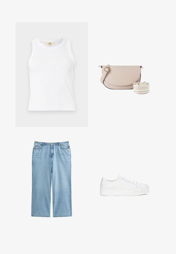 Top corto blanco sin mangas con textura acanalada, cuello redondo y una etiqueta de marca beige visible en el interior del cuello.; Culottes de mezclilla azul claro con cintura alta, piernas anchas y diseño de cinco bolsillos, con costuras en contraste y cierre de botón.; Zapatilla blanca de cuero con superficie lisa, punta redonda y suela plana. Presenta cierre con cordones y detalles de costura sutiles.; Bolso bandolera de cuero beige claro con solapa curva, correa ajustable y una correa de hombro de tela a rayas desmontable al lado.