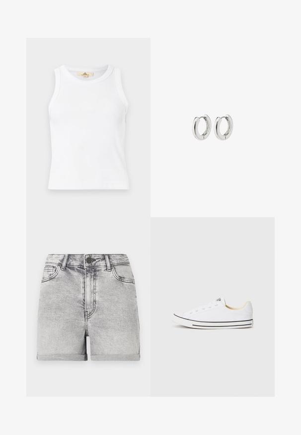 Top corto blanco sin mangas con textura acanalada, cuello redondo y una etiqueta de marca beige visible en el interior del cuello.; Pantalones cortos de denim gris con dobladillos enrollados, diseño de cinco bolsillos y cierre central con botón. Textura suave con ligeros detalles de desvanecimiento.; Zapatilla de lona blanca con diseño bajo, punta redonda, rayas negras en la suela y seis ojales para los cordones. Acabado de tejido texturizado.; Pendientes de aro de plata con un acabado pulido, que presentan un diseño circular y bisagras sin costuras, exhibiendo una textura suave.