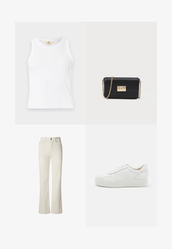 Hvid ribbet ærmeløs crop top med rund hals og en synlig beige mærkebetiket inden i kraven.; Hvide flagrende jeans lavet af denim. Har en høj talje, fem lommer og metallisk knaplukning. Glat tekstur uden synlige mønstre.; Hvide lædersneakers med tekstureret overdel, polstret krave og flad gummisål. Har diskret syninger og klassisk snørebåndsdesign.; Sort læder crossbody-pung med guld kædestrop og rektangulær guldspænde på forsiden, sat imod en ensfarvet lys baggrund.