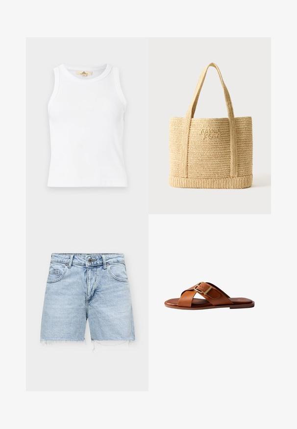 Wit geribd mouwloos crop top met ronde hals en een zichtbaar beige merklabel binnenin de kraag.; Lichtblauwe denimshorts met gerafelde zomen, knoop aan de voorkant, ritssluiting en voor- en achterzakken.; Bruine leren slidesandaal met gekruiste bandjes en een gouden gesp op een platte zool, vanaf de zijkant bekeken op een witte achtergrond.; Beige geweven strooien tas met twee schouderbanden en subtiele cursieve borduurwerk aan de voorkant, tegen een effen achtergrond.