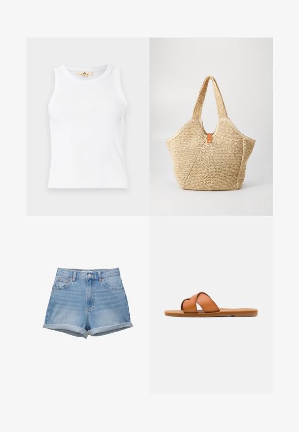 Crop top blanc côtelé sans manches avec encolure ronde et étiquette de marque beige visible à l'intérieur du col.; Shorts en denim de lavage bleu clair, taille haute avec une fermeture à bouton, cinq poches et ourlets repliés. Texture lisse, design classique.; Sandale diapositive en cuir marron avec des lanières croisées, semelle plate, texture lisse et caractéristiques de design minimaliste pour un usage décontracté.; Grand sac fourre-tout en paille avec un extérieur texturé beige et deux grandes poignées. Présente une sangle en cuir pour la fermeture.