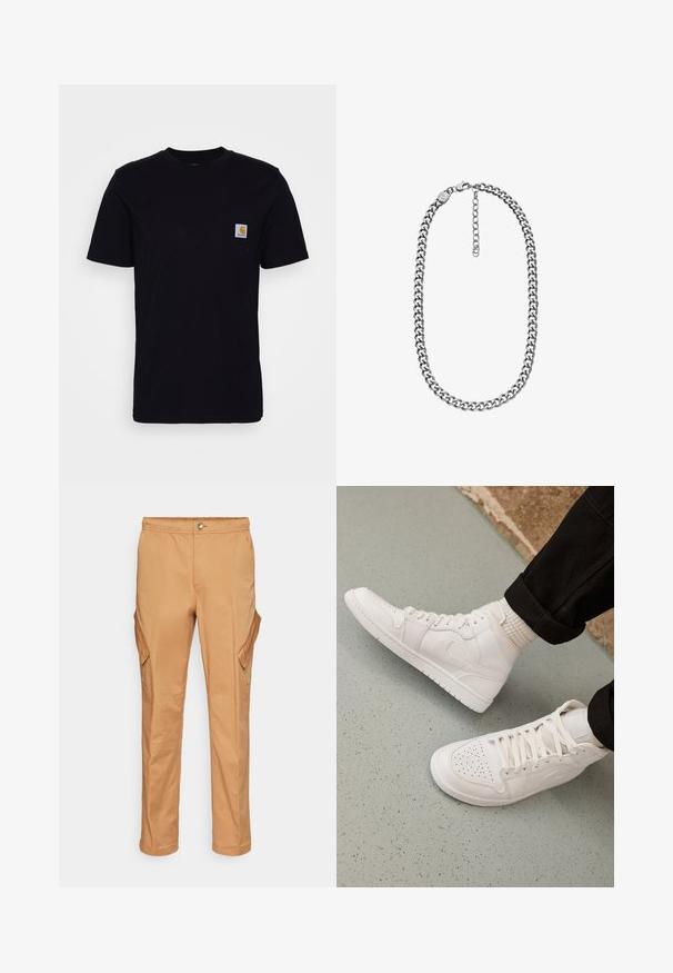 Camiseta de algodón negra con mangas cortas, cuello redondo y un bolsillo en el pecho que presenta un pequeño parche de logo cuadrado. Diseño simple y sólido.; Pantalones cargo beige de algodón con cintura elástica, que cuentan con dos bolsillos laterales y pernera recta. Textura suave, diseño minimalista.; Zapatillas altas blancas hechas de cuero suave con puntera perforada, cierre de cordones y sutil detalle del logo en el lateral. Suela de goma texturizada.; Collar de cadena curb en tono plateado con cierre de langosta y cadena extensible ajustable sobre fondo blanco.