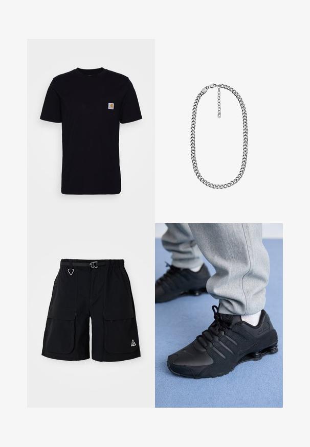 Camiseta de algodón negra con mangas cortas, cuello redondo y un bolsillo en el pecho que presenta un pequeño parche de logo cuadrado. Diseño simple y sólido.; Bermudas de cargo negras con cinturilla elástica, cinturón integrado, grandes bolsillos laterales y logo ACG en triángulo en la pierna derecha.; Persona vestida con zapatillas Nike Shox negras y pantalones de chándal grises, de pie sobre una alfombra azul claro.; Collar de cadena curb en tono plateado con cierre de langosta y cadena extensible ajustable sobre fondo blanco.