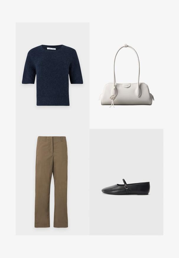 Pull court en tricot flou bleu marine à manches courtes, avec un col rond et un ourlet droit, présenté sur fond blanc.; Pantalons droits marron en tissu mélangé de coton. Comprend des passants de ceinture, une poche avant et une texture lisse sans motifs.; Ballerines noires en cuir avec un bout pointu, une semelle plate et une petite sangle avec un détail de boucle en argent.; Sac à bandoulière blanc Calvin Klein avec longues poignées, forme rectangulaire, fermeture éclair et charm logo décoratif suspendu près de la poignée.