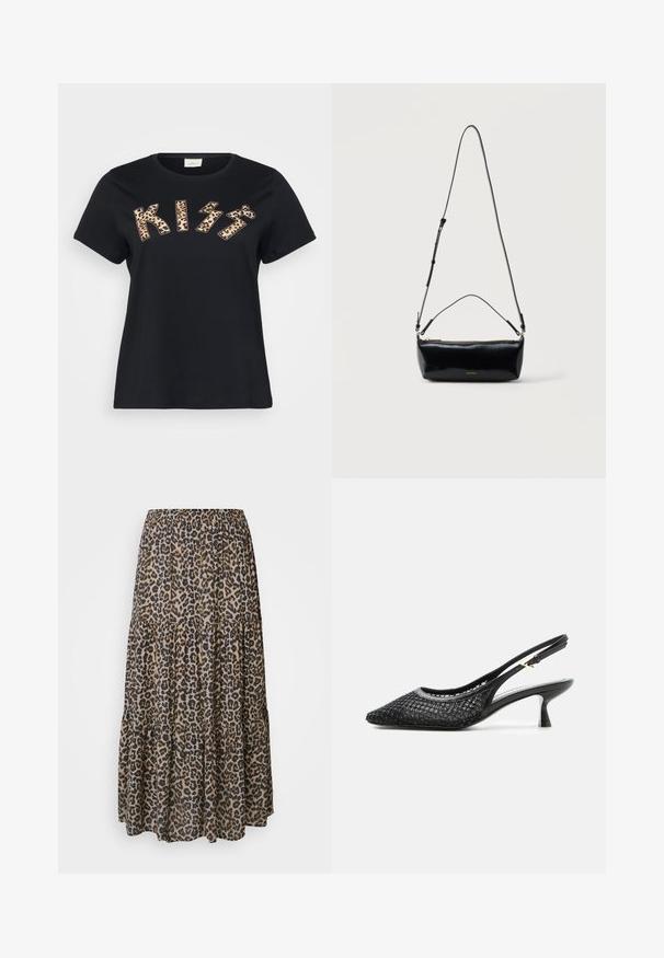 Sort bomulds t-shirt med "KISS" i dyreprint med leopardmønster, korte ærmer og rund halsudskæring.; Maxi nederdel med leopardprint, elastisk talje, lagdelt design og blødt, let materiale i nuancer af brun, sort og beige.; Sort slingback kitten heel sko med spids tå, net og perlebesat overlæg og slank ankelrem med guldlås.; Sort rektangulær læder crossbody-taske med justerbar skulderrem, top lynlås og lille gyldent Calvin Klein-logo foran.