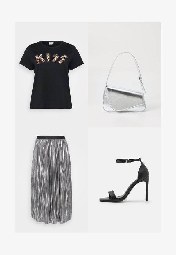 Sort bomulds t-shirt med "KISS" i dyreprint med leopardmønster, korte ærmer og rund halsudskæring.; Sølvplettet nederdel lavet af metallisk stof med et sort elastisk taljebånd. Har vertikale, blanke folder og en længde til midt på læggen.; Sort højhælet sandal med et sleek design, der har en ankelrem, åben tå og glat lædertekstur.; Sølvmetallic håndtaske med en trekantet form, glat overflade og en tynd, justerbar skulderrem. Har et fold-over design med syninger.