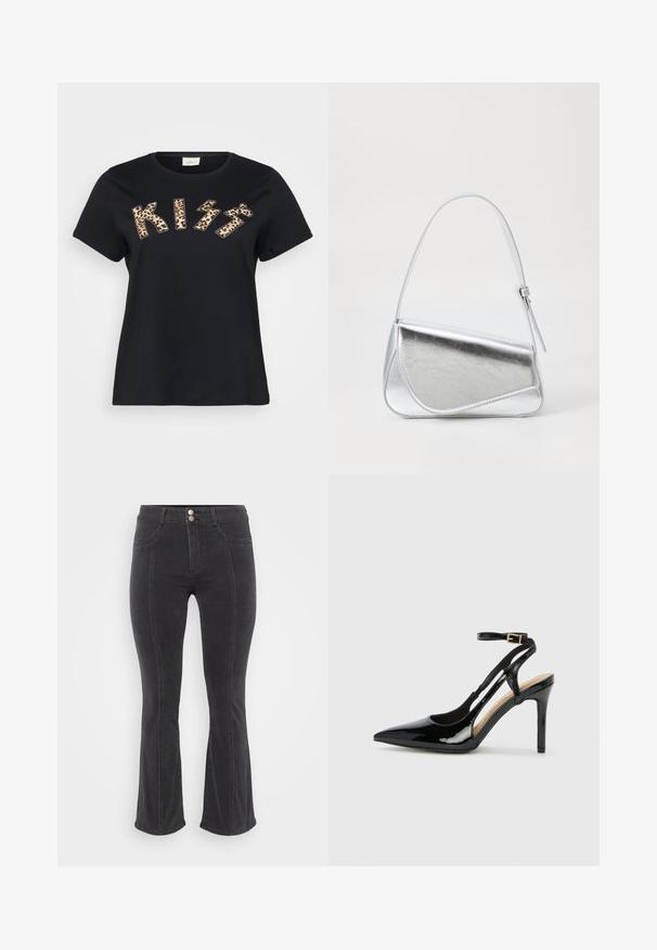 Μαύρη βαμβακερή μπλούζα T-shirt με το "KISS" σε animal print με λεοπαρδείσιo σχέδιο, κοντά μανίκια και στρογγυλή λαιμόκοψη.; Φλαρε παιδερμένες μαύρες τζιν παντελόνες με ψηλή μέση, που διαθέτουν δύο μπροστινές τσέπες και κλείσιμο με διπλό κουμπί, ομαλή υφή και ελάχιστες ραφές.; Μαύρο πατενταριστό δερμάτινο ψηλοτάκουνο παπούτσι slingback με μυτερή μύτη, ρυθμιζόμενο λουρί στον αστράγαλο και ανοιχτές πλευρές. Λείο υφάσμα.; Ασημί μεταλλική τσάντα χειρός σε τριγωνικό σχήμα, με λείο υφή και λεπτό, ρυθμιζόμενο λουρί. Διαθέτει σχέδιο που διπλώνει με ραφές.