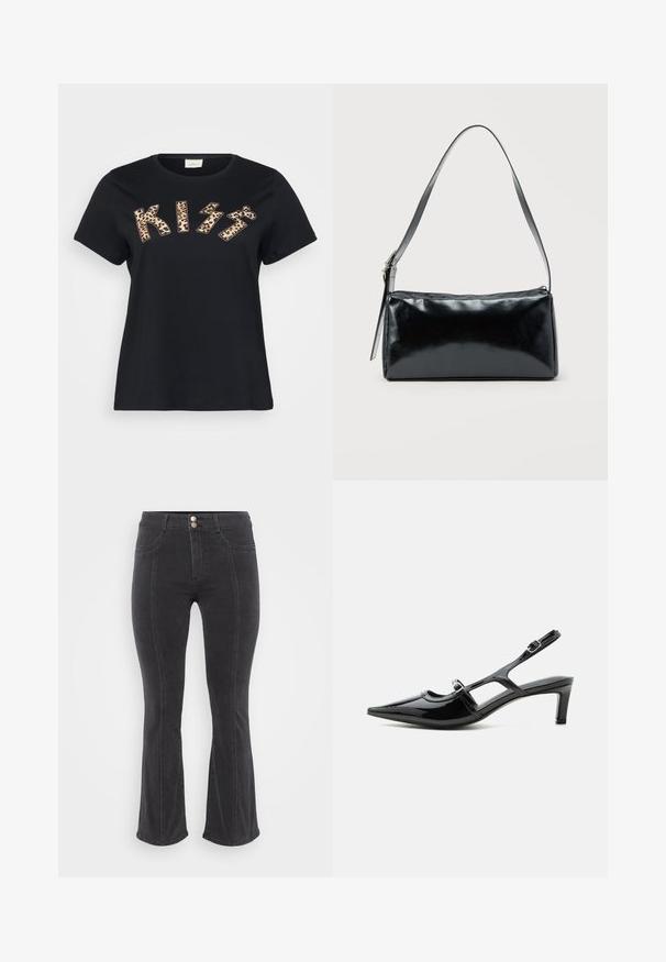 Μαύρη βαμβακερή μπλούζα T-shirt με το "KISS" σε animal print με λεοπαρδείσιo σχέδιο, κοντά μανίκια και στρογγυλή λαιμόκοψη.; Φλαρε παιδερμένες μαύρες τζιν παντελόνες με ψηλή μέση, που διαθέτουν δύο μπροστινές τσέπες και κλείσιμο με διπλό κουμπί, ομαλή υφή και ελάχιστες ραφές.; Μαύρο παπούτσι slingback από δερμάτινο πατεντ με μυτερή μύτη, χαμηλό τακούνι και δύο ρυθμιζόμενες λουρίδες με αγκράφες, εμφανιζόμενο σε προφίλ πλευράς.; Μαύρη ορθογώνια τσάντα ώμου με έναν ρυθμιζόμενο ιμάντα και κλείσιμο με φερμουάρ στην κορυφή σε μονόχρωμο φόντο.