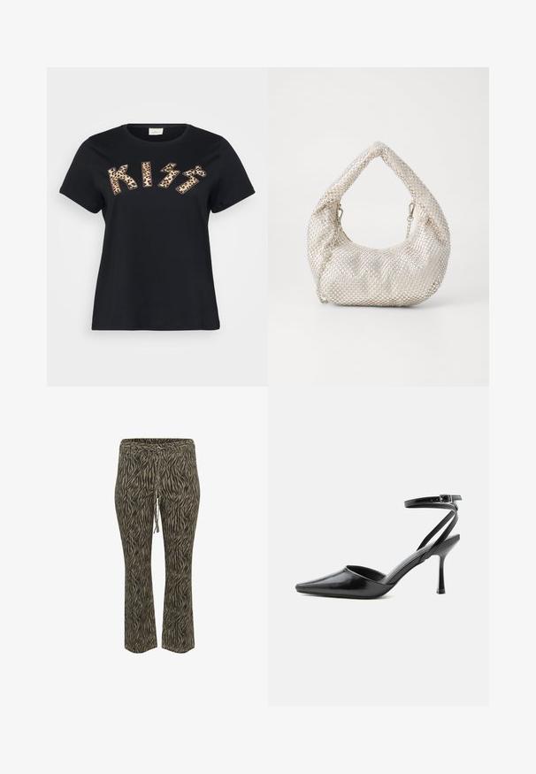 Schwarzes Baumwoll-T-Shirt mit "KISS" im Tiermotiv mit Leopardenmuster, kurzen Ärmeln und rundem Halsausschnitt.; Elastische Hose mit Kordelzug im khaki und beigefarbenen Zebra-Muster. Mittlere Leibhöhe, ausgestellte Beinform, weicher Stoff. Geeignet für Freizeitkleidung.; Schwarzer spitzer High Heel mit dünnen Knöchelriemen und silberner Schnalle auf einfachem hellem Hintergrund.; Silberne Netzhandtasche mit runder Form, texturiertem Finish und einem geschwungenen Griff. Es sind Kettenakzente vorhanden, sowie ein weicher, geraffter Körper.