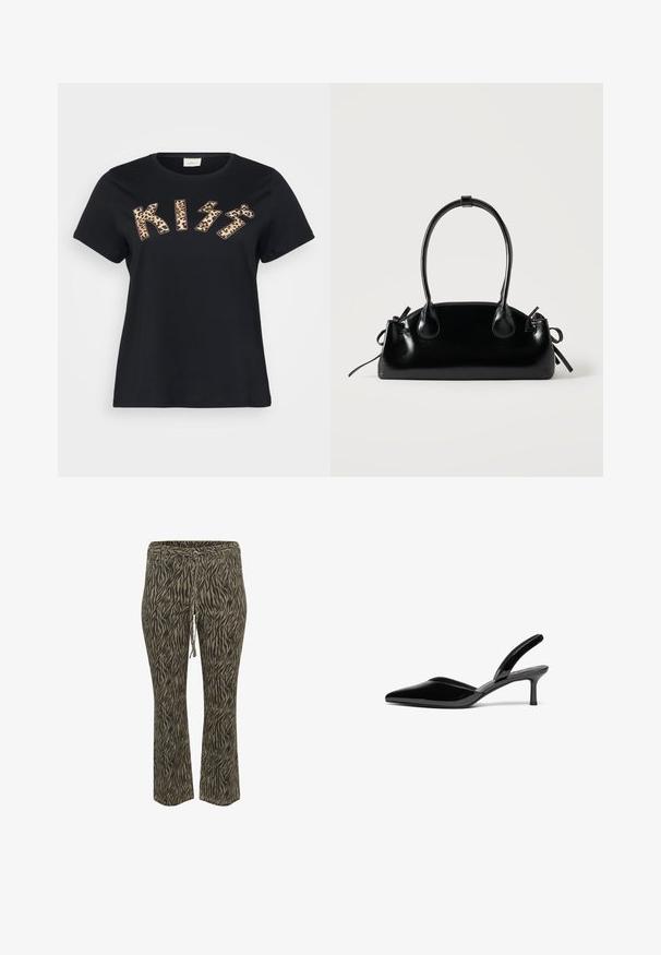 Schwarzes Baumwoll-T-Shirt mit "KISS" im Tiermotiv mit Leopardenmuster, kurzen Ärmeln und rundem Halsausschnitt.; Elastische Hose mit Kordelzug im khaki und beigefarbenen Zebra-Muster. Mittlere Leibhöhe, ausgestellte Beinform, weicher Stoff. Geeignet für Freizeitkleidung.; Schwarze Lackleder-Slingback-Pumps mit spitzem Fuß, niedrigem Stiletto-Absatz und einem eleganten, schlichten Design ohne Verzierungen.; Kleine schwarze glänzende Handtasche mit zwei langen Griffen und seitlichen Kordelzug-Details vor einfachem hellem Hintergrund.