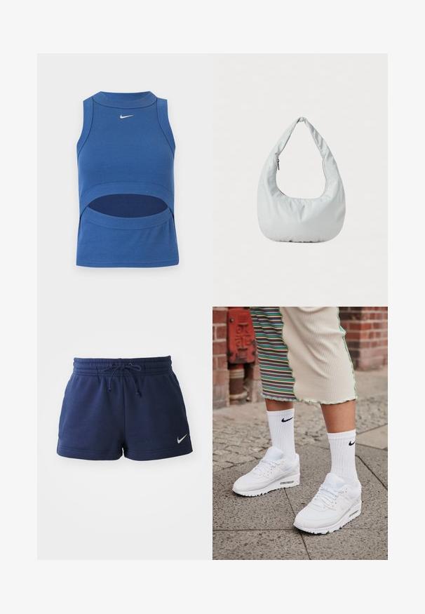 Modrý bezrukávový crop top Nike s vysokým golierom a výrezom na bruchu, rebrovaná látka a biely logo Swoosh vpredu v strede.; Tmavomodré bavlnené šortky s elastickým pásom, nastaviteľnou šnúrkou na stiahnutie a bočnými rozparkami. Na leme sa nachádza malé biele logo Nike.; Biele tenisky Nike Air Max 90 s vrchnou časťou z kombinácie sieťovaného a koženého materiálu, s viditeľnou vzduchovou jednotkou, v kombinácii s bielymi rebrovanými ponožkami s čiernym logom.; Mäkká, svetlošedá hobo taška vyrobená z syntetického materiálu. Obsahuje jeden polstrovaný popruh a bočné vrecko so zipsom.