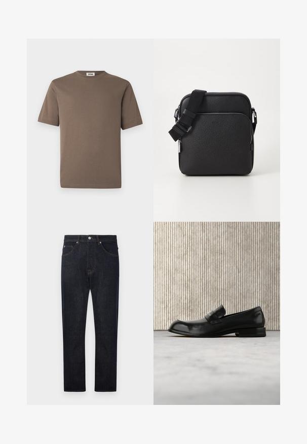 Brun bomulds t-shirt med korte ærmer, rund halsudskæring og en glat tekstur. Har en lige kant og minimalistisk design.; Mørkeblå denimjeans med lige ben-design, der har fem lommer, kontrastfarvet orange syninger og en knaplukning i taljen.; Sort læderloafer med metalaccent, vist svævende over et beige tæppe, med et rundt, ravfarvet bord i baggrunden.; Sorth læder crossover taske med en tekstureret overflade, der har en frontlomme med lynlås, justerbar strop og metal hardware detaljer.