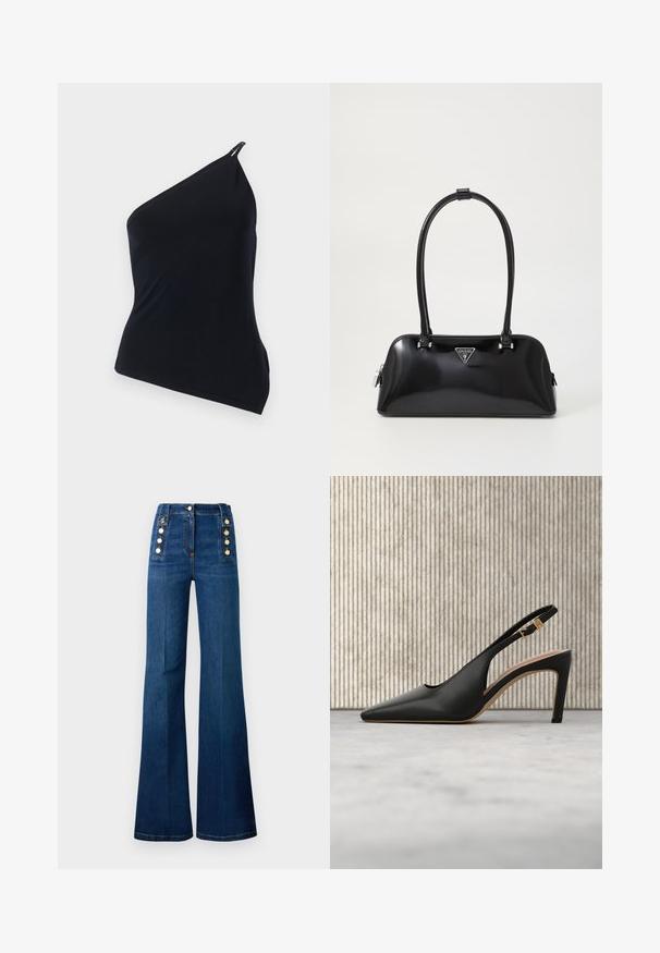 Schwarz, einseitig tragbares Top aus glattem Stoff. Es verfügt über einen diagonalen Schnitt, asymmetrisches Design und ein metallisches Detail an der Schulter.; Hoch taillierte, ausgestellte Jeans aus dunkelblauer Denim, mit goldenen Knopf-Akzenten an den Seiten und einer glatten Textur.; Schwarze Leder Slingback-Pumps mit spitzer Zehenform, hohen Absätzen und verstellbarem goldenen Schnallenriemen sowie beigem Innenfutter.; Schwarz glänzende Handtasche mit geschwungener Silhouette, zwei Griffen und einem Logo-Plakette auf der Vorderseite. Reißverschlussverschluss und glänzende Hardwareakzente.