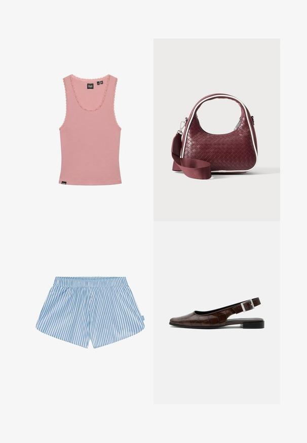 Pink ærmeløs ribbet tanktop med bølget blondetrim omkring halsudskæringen og ærmegab, med et lille brandmærke nær kanten.; Blå og hvide stribede shorts med elastisk talje, to knapper foran og en afslappet pasform. Stoffet synes glat med en let tekstur.; Mørkebrun læderslingback flad sko med firkantet tå, krokodille tekstur og sølvspænde på remmen.; Mørkerød vævet lædertaske med buet hank, hvid kant, sølv lynlås og aftagelig bred stofskulderrem mod en ensfarvet baggrund.