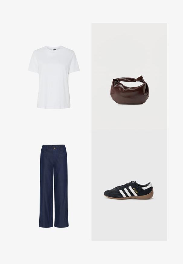 Camiseta blanca lisa de manga corta y cuello redondo, mostrada sobre un fondo blanco sin patrones ni logotipos visibles.; ICHI IHFlared - Vaqueros a campana - dark blue; Zapatilla de ante negra con tres rayas blancas, suela de goma y un pequeño logo dorado en el lateral. Cuenta con un forro interior negro liso.; Bolso de hombro de cuero marrón oscuro con una forma suave y caída, y un asa con nudo torcido sobre un fondo blanco liso.
