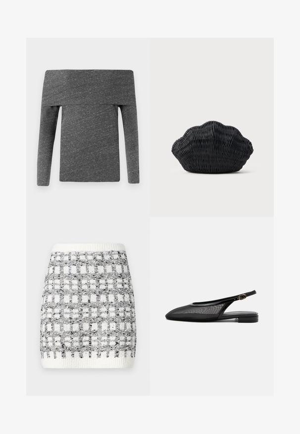 CLOSED ASYMMETRIC LONG SLEEVE - Langærmet T-shirt - dark grey; Striknederdel i sort og hvid med et firkantet mønster, der har en ribbet elastik og en tekstureret overflade. Længde over knæet.; Sort slingback flad sko med spids tå, mesh overdel, justerbar spænde rem og lav stablet hæl på hvid baggrund.; Sort flet håndtaske formet som en muslingeskal med en buet top og flettet tekstur på en ensfarvet baggrund.