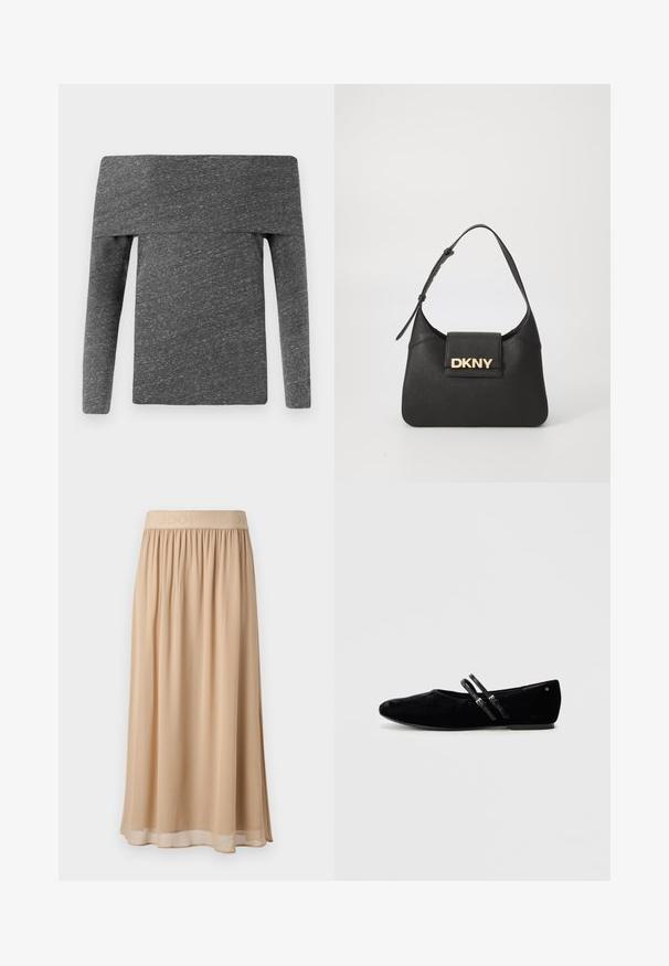 CLOSED ASYMMETRIC LONG SLEEVE - Top s dlhým rukávom - dark grey; Béžová midi sukňa so širokým elastickým pásom s názvom značky. Mäkký, prúdiaci materiál s hladkou textúrou a jednoduchým dizajnom.; Čierne semišové baleríny s špicatou špičkou, ktoré majú dva nastaviteľné popruhy cez priehlavok a nízku, plochú podrážku.; Čierna kožená taška na rameno so štruktúrovaným tvarom, s kultovým zlatým logom "DKNY" na prednej strane a krátkym, nastaviteľným popruhom.