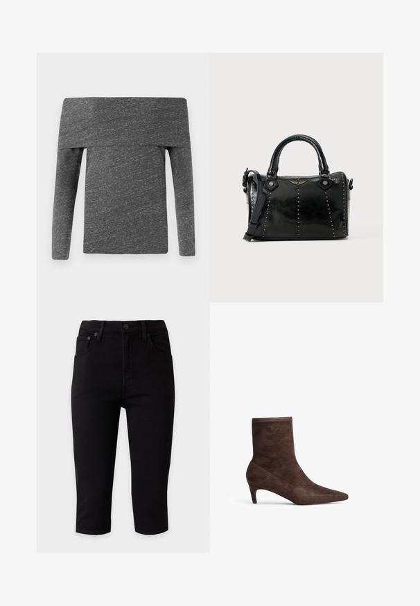 CLOSED ASYMMETRIC LONG SLEEVE - Pikkade varrukatega topp - dark grey; Mustad kõrge vöökohaga lühikesed kitsad teksad ees- ja tagataskutega, nööpkinnitus ja vööaasad tavalise tausta ees.; Pruun nubukist pahkluu saabas terava ninaga ja kitsaste kontsadega. Omab siledat tekstuuri ja kõrget sääre disaini.; Mustast nahast käekott, millel on struktureeritud kuju, hõbedased naelad, kaks ülaotsa sangat ja eemaldatav õlarihm.