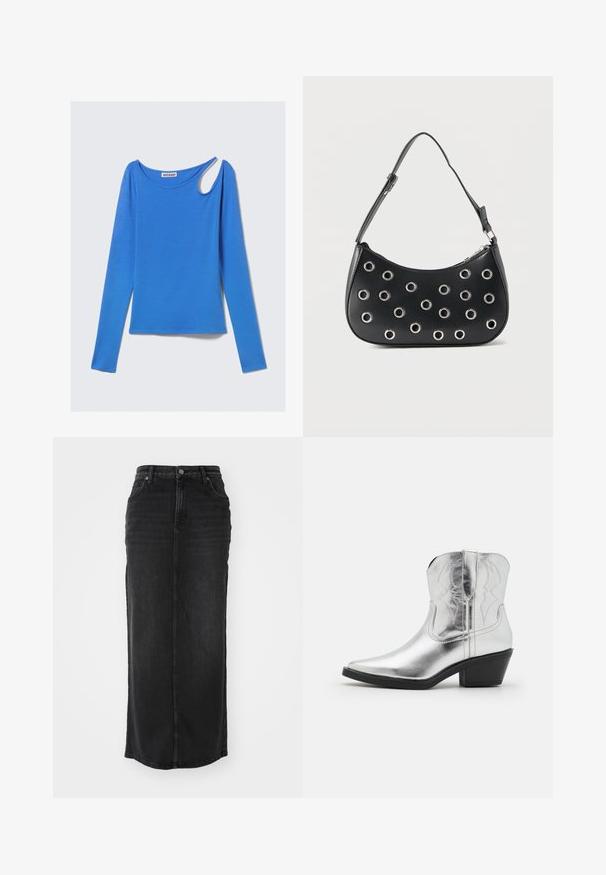 Haut bleu à manches longues en tissu doux, avec une découpe unique à l'épaule et un col rond. Design épuré, style minimaliste.; Jupe maxi en denim noir, coupe droite, taille mi-haute, poches avant et coutures visibles le long des coutures.; Bottes de cowboy en cuir argenté avec un bout pointu, des détails brodés sur la tige et un talon noir modéré. Surface lisse et brillante.; Sac d'épaule en cuir noir avec bandoulière réglable, orné d'œillets en métal argenté et fermeture éclair supérieure.