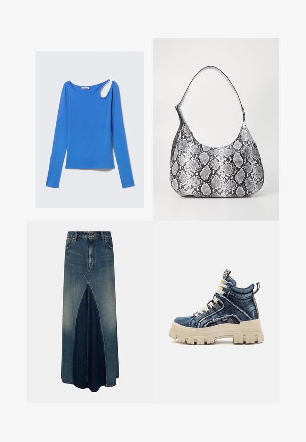 Top azul de manga larga en tela suave, con un corte único en el hombro y escote redondo. Diseño limpio, estilo minimalista.; Falda maxi de mezclilla azul con pliegue invertido frontal, pasadores para cinturón, cierre de botón y cremallera, y detalles de lavado desgastado.; Buffalo ASPHA MID - Zapatillas altas - blue; Bolso de hombro con estampado de serpiente en blanco y negro, de forma redondeada, textura suave y correa curvada. Presenta un acento de hardware plateado.