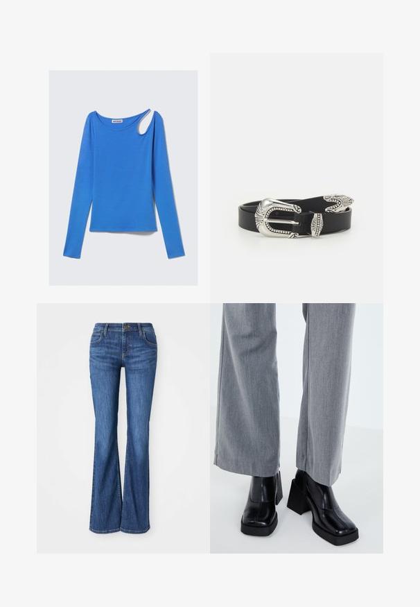 Langärmeliges blaues Oberteil aus weichem Stoff, mit einem einzigartigen Schulterausschnitt und einem runden Halsausschnitt. Sauberes Design, minimalistischem Stil.; Blaue Denim-Bootcut-Jeans mit Fronttaschen, Knopfverschluss und Gürtelschlaufen, auf einem weißen Hintergrund präsentiert.; Schwarze Stiefelette mit quadratischer Zehenform, aus glattem Leder mit dicker Plattform. Kombiniert mit hellgrauen, weit geschnittenen Hosen.; Schwarzer Ledergürtel mit einer großen silbernen Metallschnalle, die über feine Verzierungen und dekorative Akzente an beiden Enden verfügt.