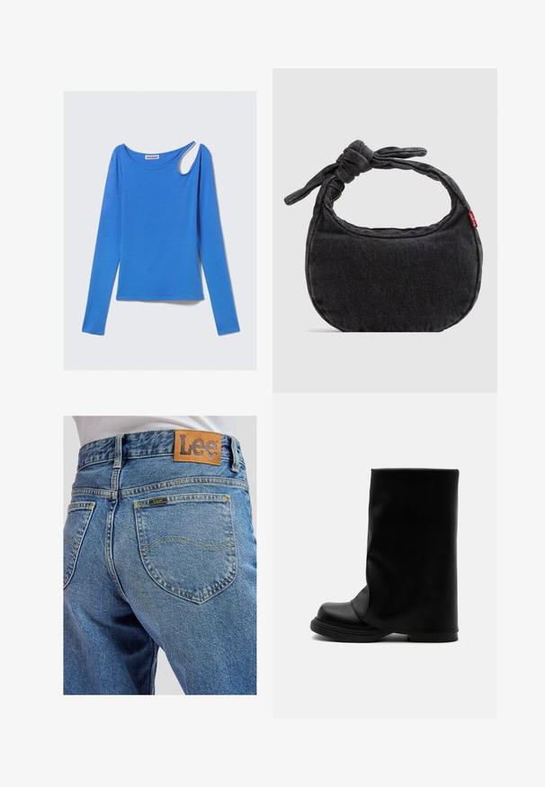 Top azul de manga larga en tela suave, con un corte único en el hombro y escote redondo. Diseño limpio, estilo minimalista.; Jeans de mezclilla azul con bolsillos traseros que presentan costuras amarillas y un parche de cuero marrón de la marca Lee en la cinturilla.; Bota alta negra de cuero con un caño superior ancho y suelto y una suela gruesa y redondeada sobre fondo blanco.; Bolso pequeño de hombro de mezclilla negra con correa anudada y cierre de cremallera, con una etiqueta de tela roja de Levi's en el lateral.