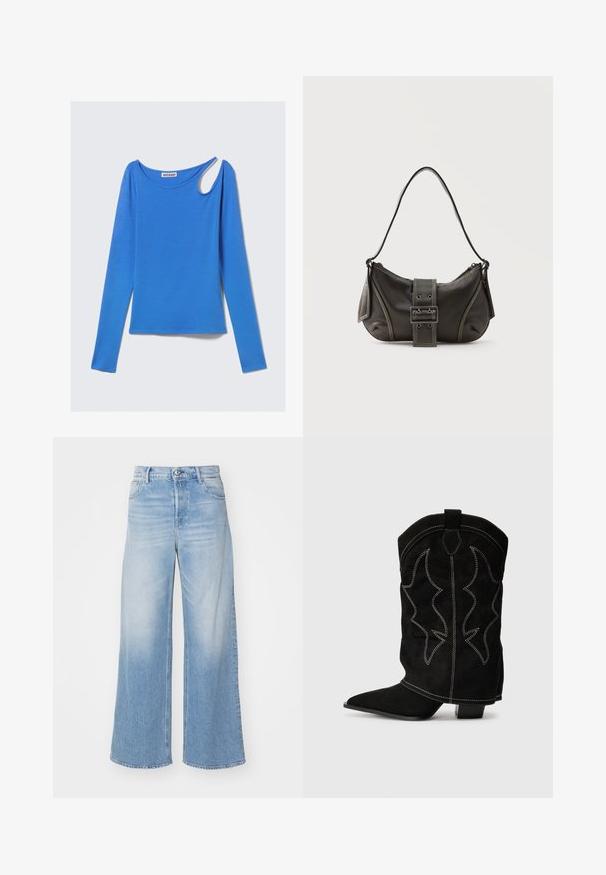 Langærmet blå top i blødt stof med unikt skulderudskæring og rund halsudskæring. Rent design, minimalistisk stil.; Lyseblå vide jeans lavet af denim, med høj talje, knaplukning og forlommer med diskrete slidninger. Lige kant.; Sort ruskind cowboystøvle med spidse tæer, lav hæl og dekorativ hvid syning, der har et flammeagtigt mønster på skaftet.; Sort læder skuldertaske med spænde på remmen, afrundede kanter og kontrasterende hvide syninger på en ensfarvet baggrund.