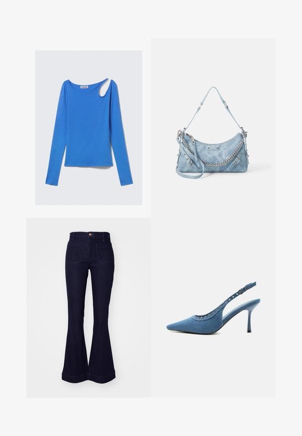 Haut bleu à manches longues en tissu doux, avec une découpe unique à l'épaule et un col rond. Design épuré, style minimaliste.; Jean en denim bleu foncé taille haute avec poches plaquées à l'avant et jambes évasées larges, bouton et passants de ceinture à la taille.; Chaussure à talon haut slingback en denim bleu à bout pointu avec détails œillets argentés et bride réglable à boucle.; ALDO FARALAELIAX - Sac à main - blue
